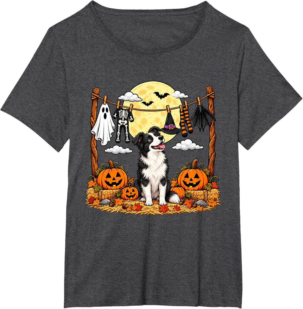 Halloween Border Collie Squad Pumpkin Vampire Mummy Witch T-Shirt - Dark Heather Grey