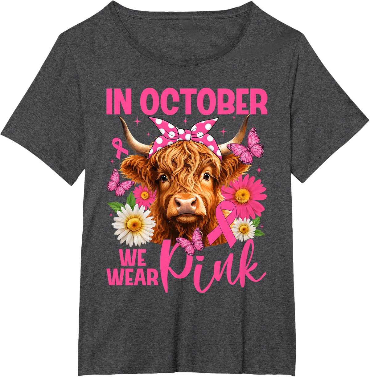 in October We Wear Pink Highland Cow Breast Cancer Women T-Shirt - Dark Heather Grey