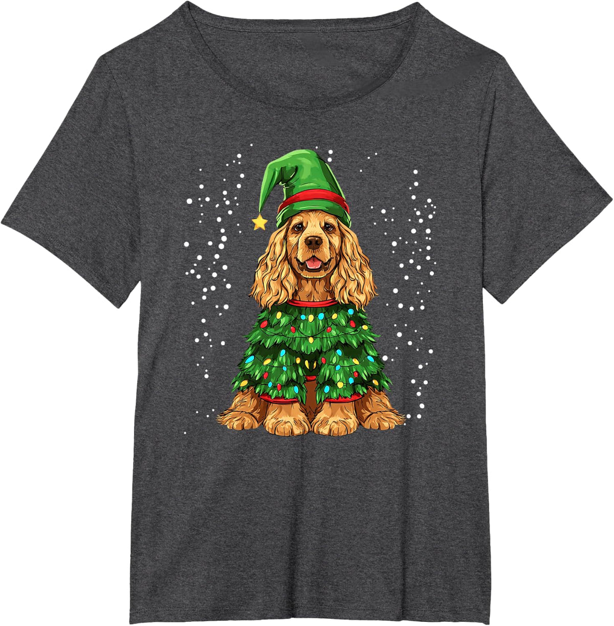Cocker Spaniel Dog Cute in Christmas Tree Mens Womens T-Shirt - Dark Heather Grey