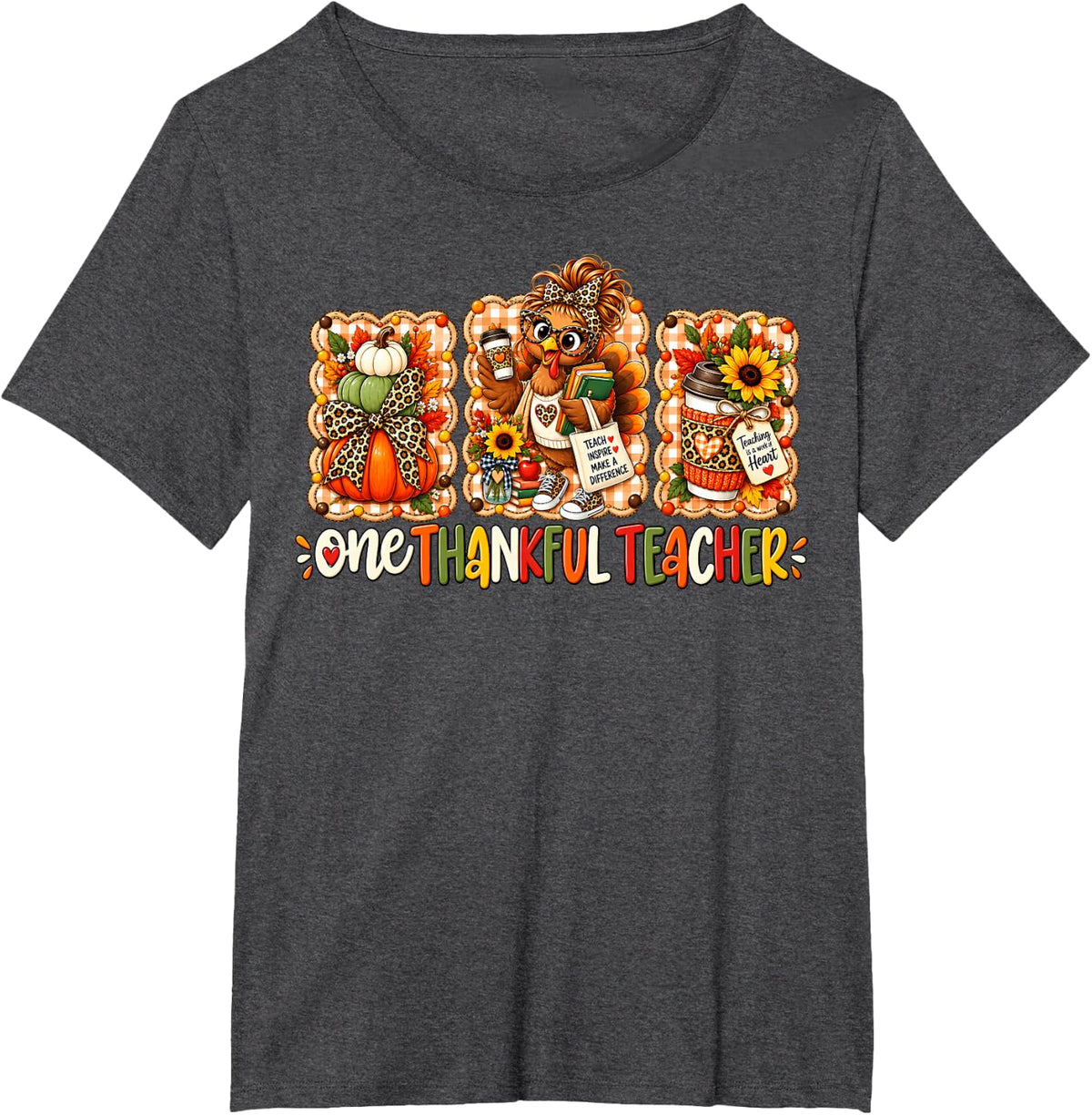 One Thankful Teacher Fall Thanksgiving Turkey Leopard Bow T-Shirt - Dark Heather Grey