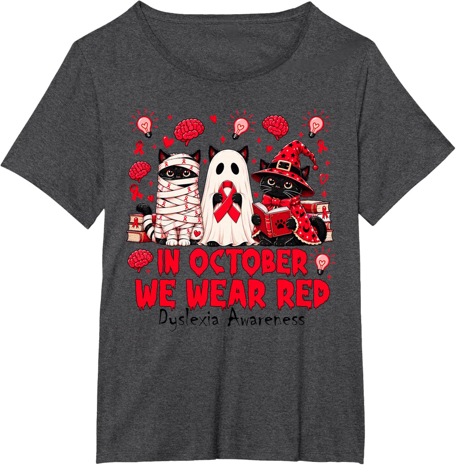 in October We Wear Red Dyslexia Awareness Halloween Cat Kids T-Shirt - Dark Heather Grey