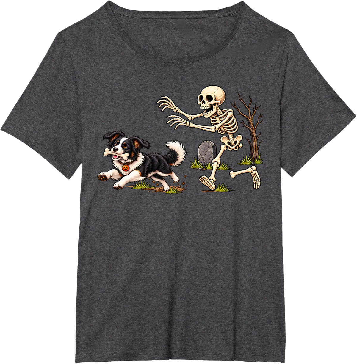 Border Collie Dog Stealing Bone from Skeleton Halloween T-Shirt - Dark Heather Grey