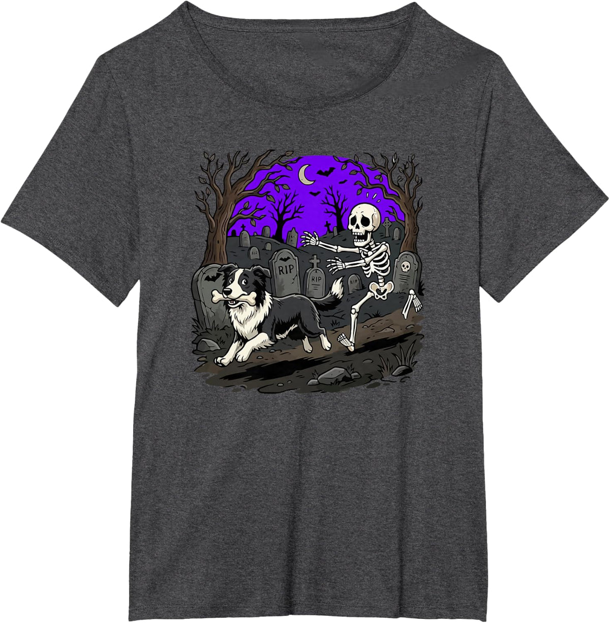 Border Collie Dog and Skeleton Halloween T-Shirt - Dark Heather Grey