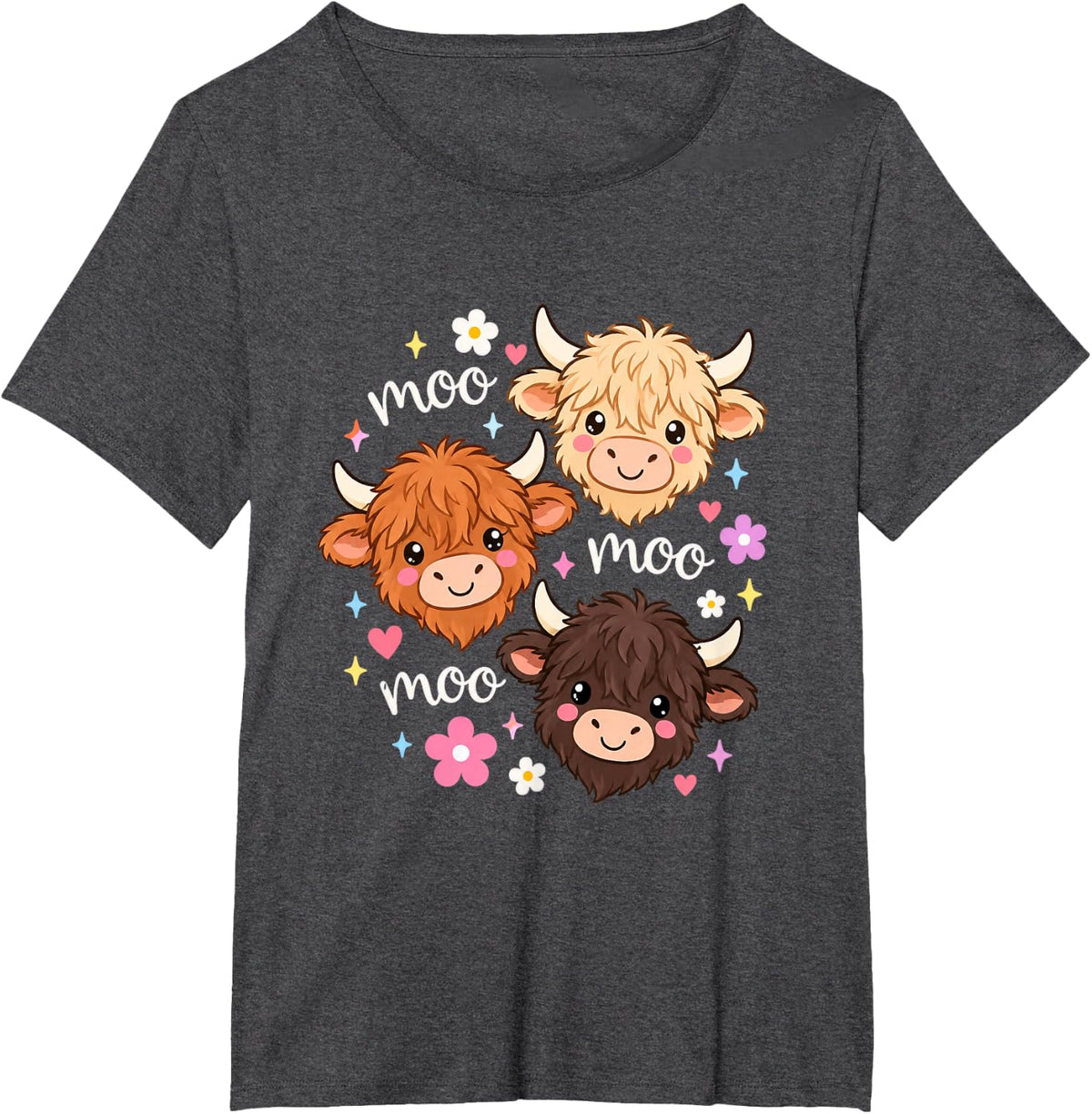 Cute Highland Cow Moo Graphic Women and Toddler Girls T-Shirt - Dark Heather Grey