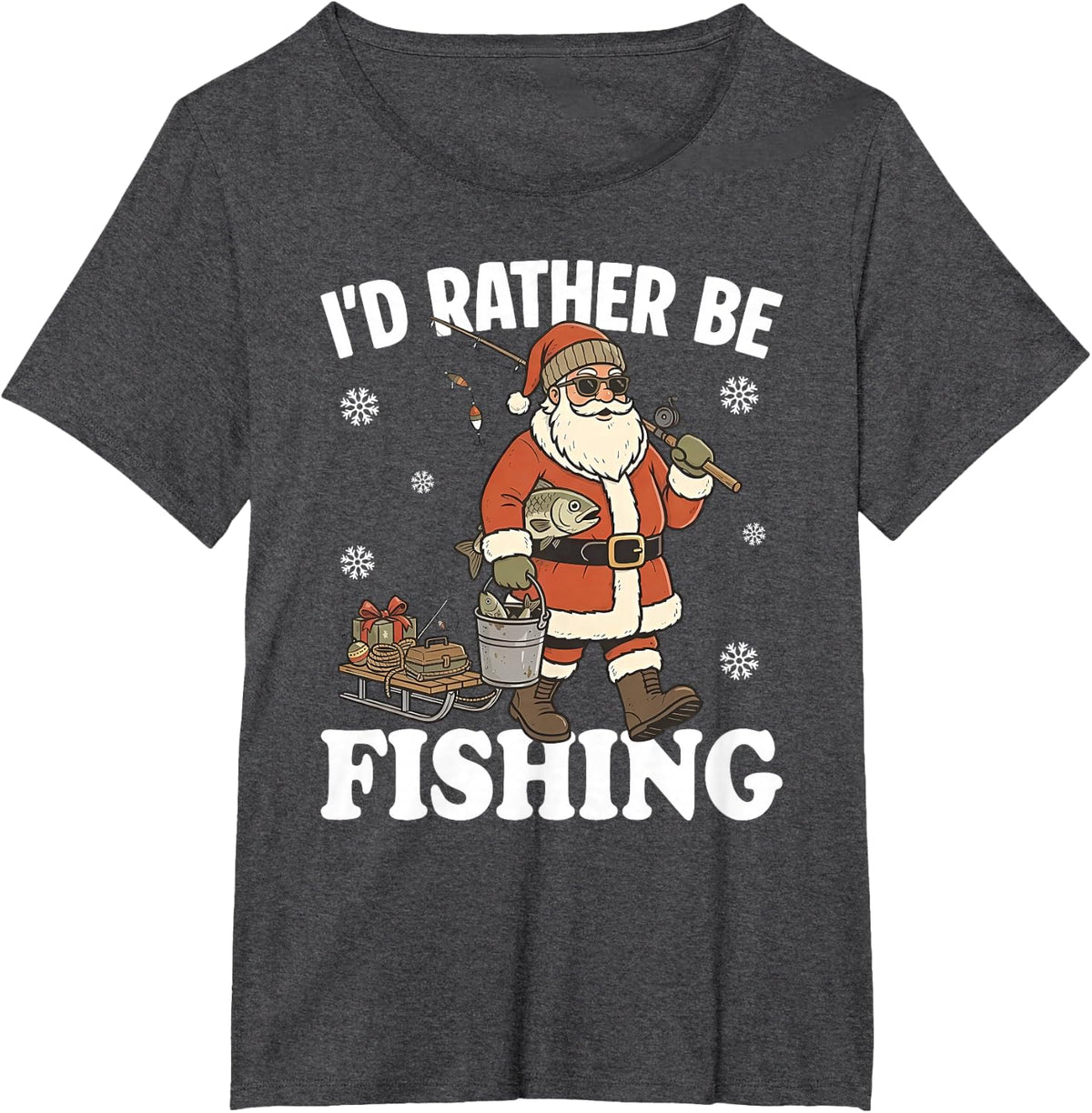I'd Rather Be Fishing Funny Christmas Santa Fishing Outdoors T-Shirt - Dark Heather Grey