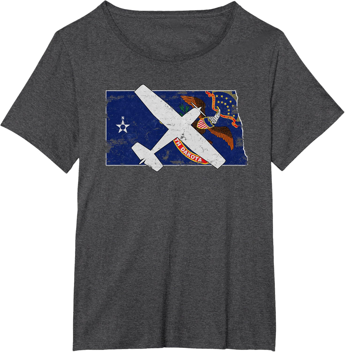 North Dakota Pilot State Flag C172 Skyhawk Airplane Vintage T-Shirt - Dark Heather Grey