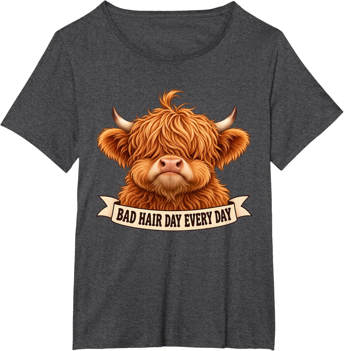 Highland Cow Bad Hair Day Every Day Funny Messy Hair Cow T-Shirt - Dark Heather Grey