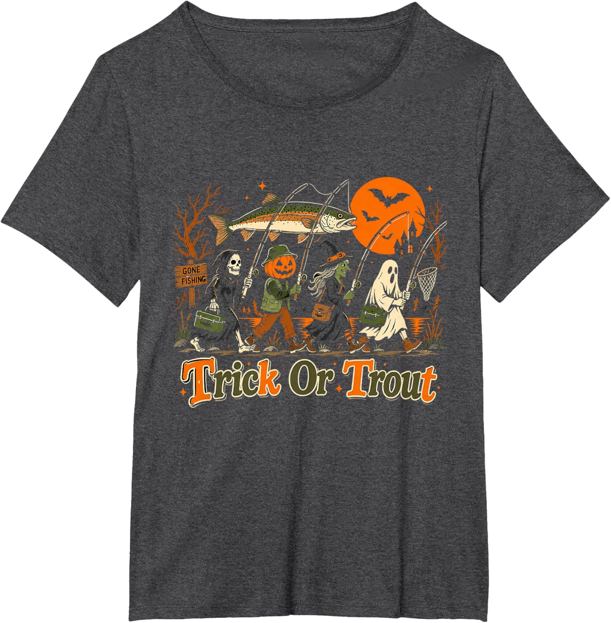 Halloween Trick or Trout Fish Ghost Pumpkin Skeleton Mummy T-Shirt - Dark Heather Grey