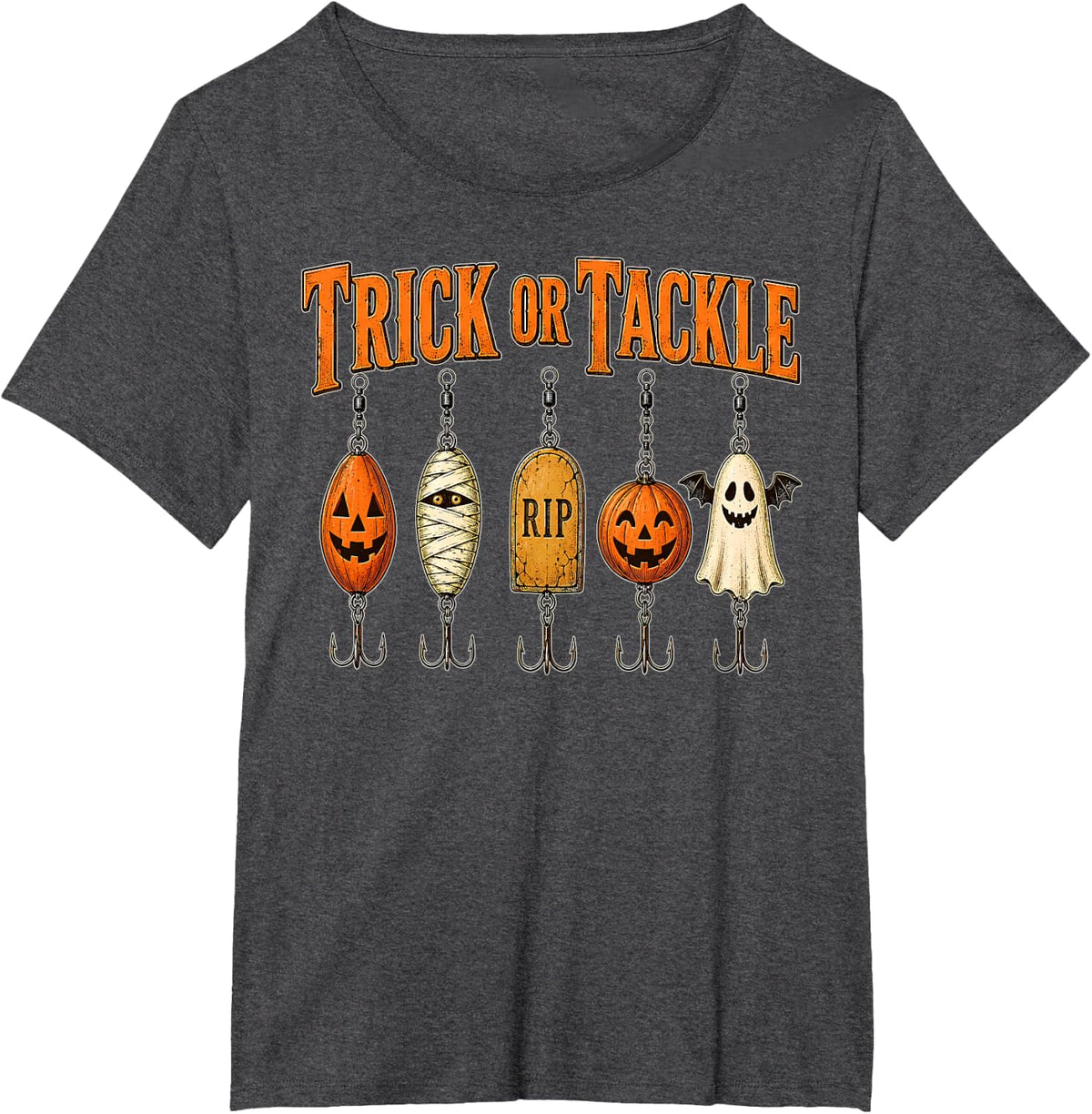Trick or Tackle Spooky Fishing Halloween Fishing Lure Fisher T-Shirt - Dark Heather Grey