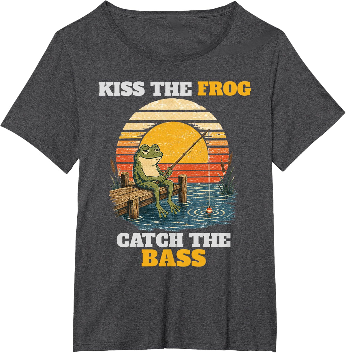 Kiss The Frog Catch The Bass Funny Fishing Retro Sunset T-Shirt - Dark Heather Grey