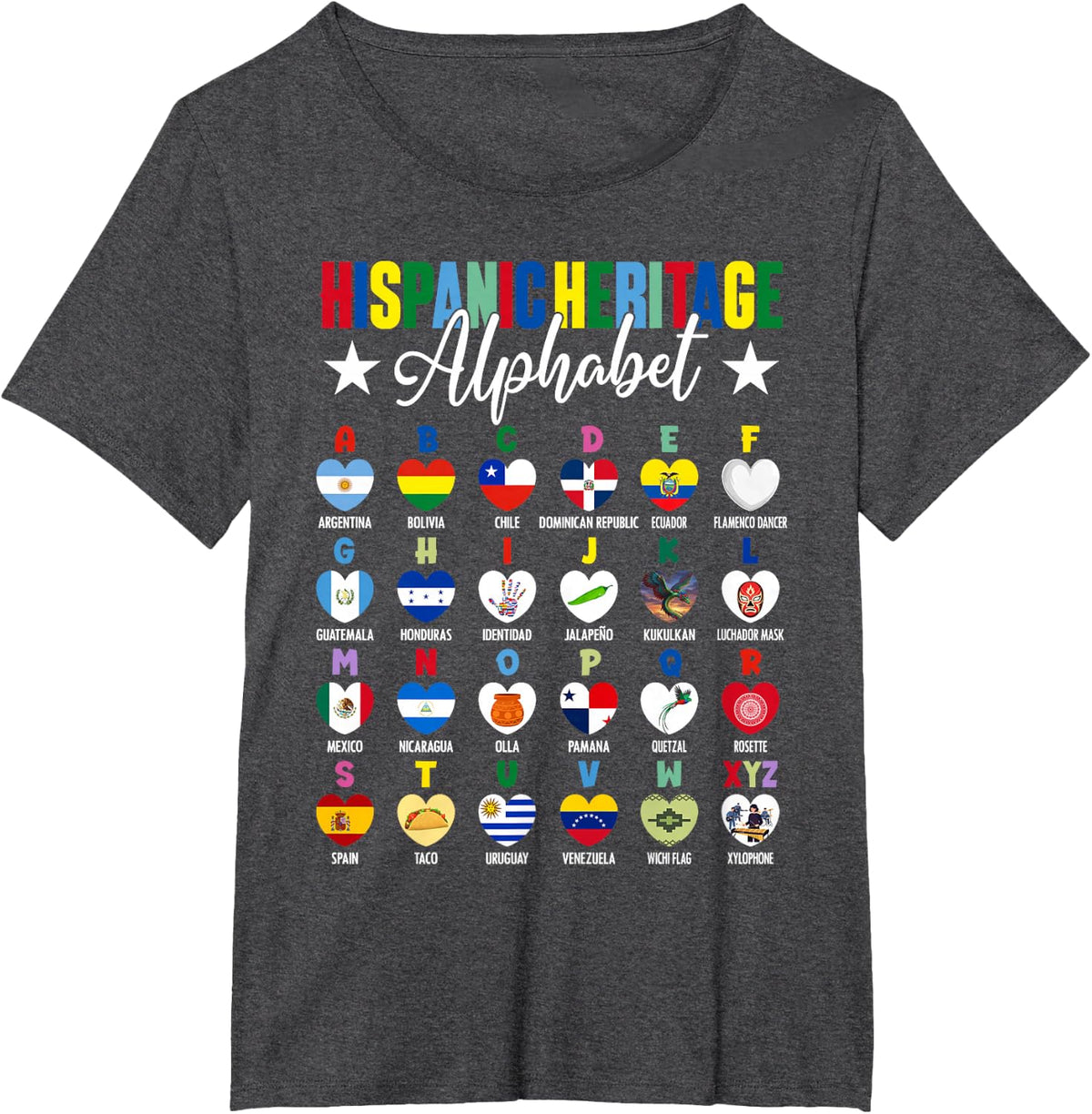 Hispanic Heritage Alphabet All Countries Flags Heart Teacher T-Shirt - Dark Heather Grey