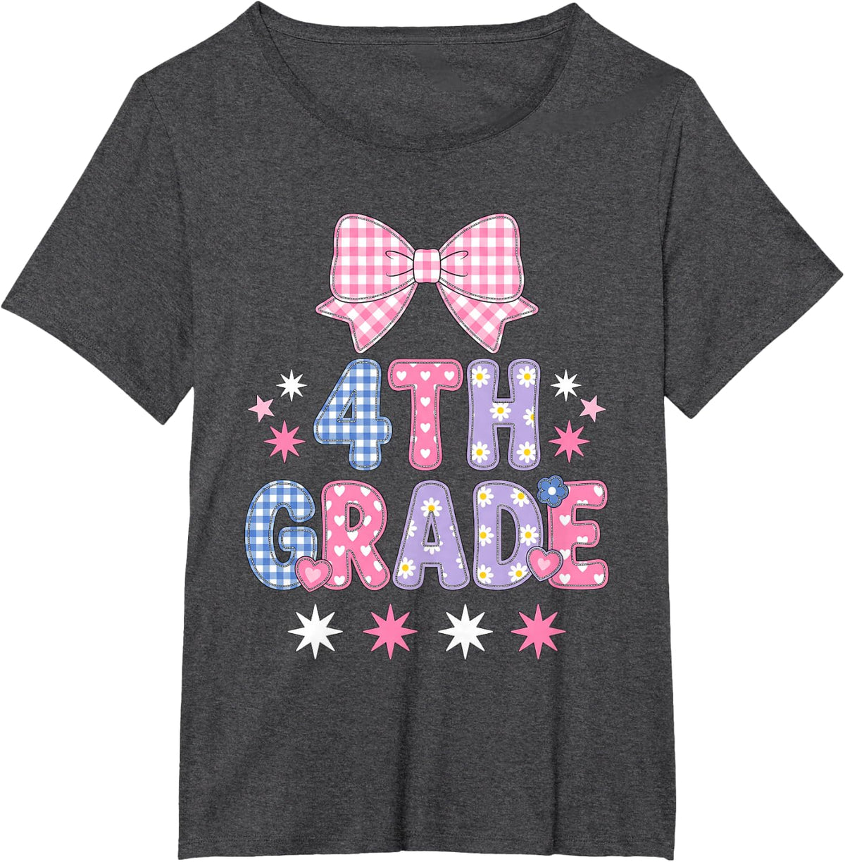 4TH Grade Back to School Bow Plaid Daisy T-Shirt - Dark Heather Grey