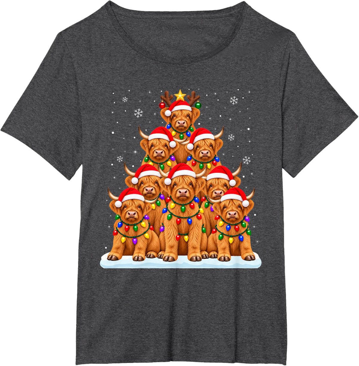 Highland Cow Christmas Tree Lights Pajama Animal Lover Xmas T-Shirt - Dark Heather Grey