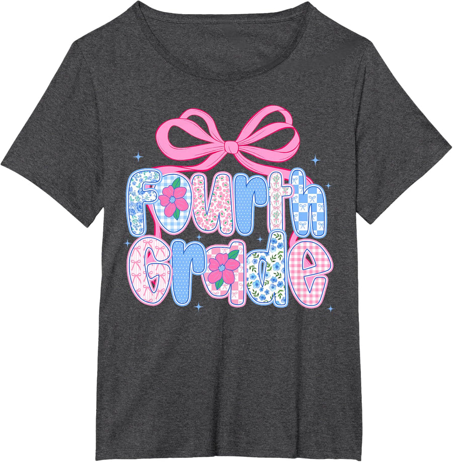 4th Grade Back to School Shirt Girls Preppy Floral Coquette Bow Tee T-Shirt Fourth Grade - Dark Heather Grey