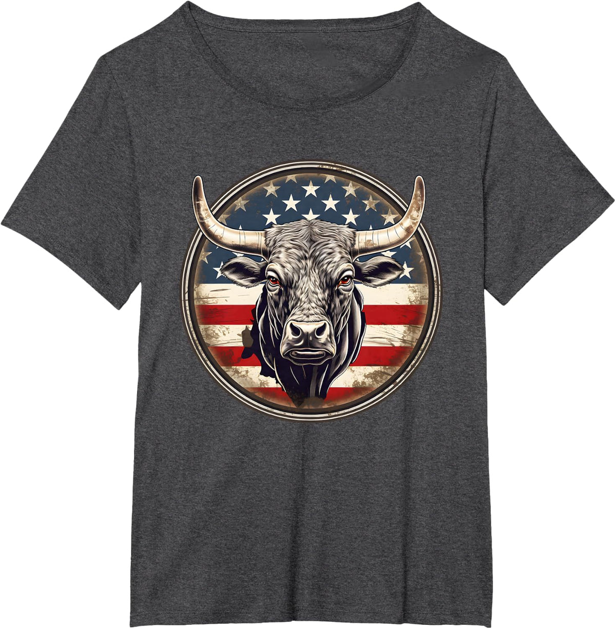 Vintage Bull Patriotic American Flag Rodeo Cowboy Tee T-Shirt For Men Women - Dark Heather Grey