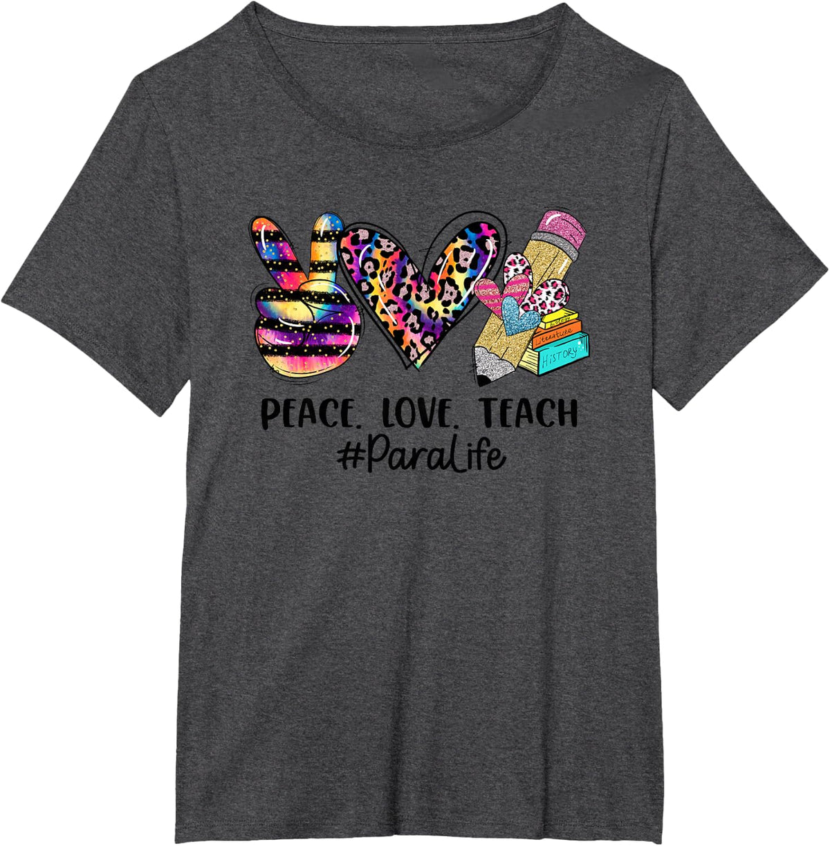 Leopard Peace Love Teach Para Life Back to School T-Shirt - Dark Heather Grey