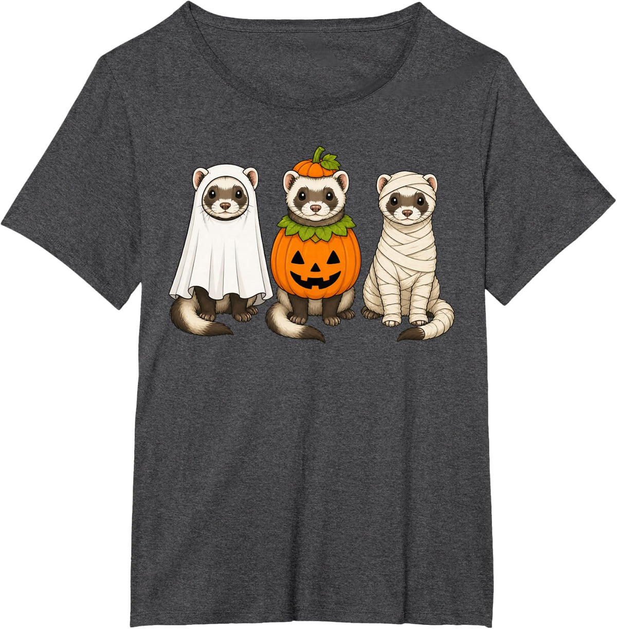 Spooky Ferret Pumpkin Ghost Halloween T-Shirt - Dark Heather Grey