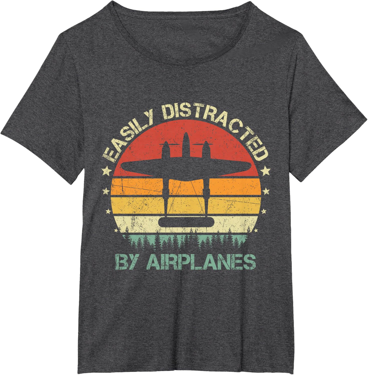 Easily Distracted By Airplanes Retro Vintage P-38 Lightning T-Shirt - Dark Heather Grey