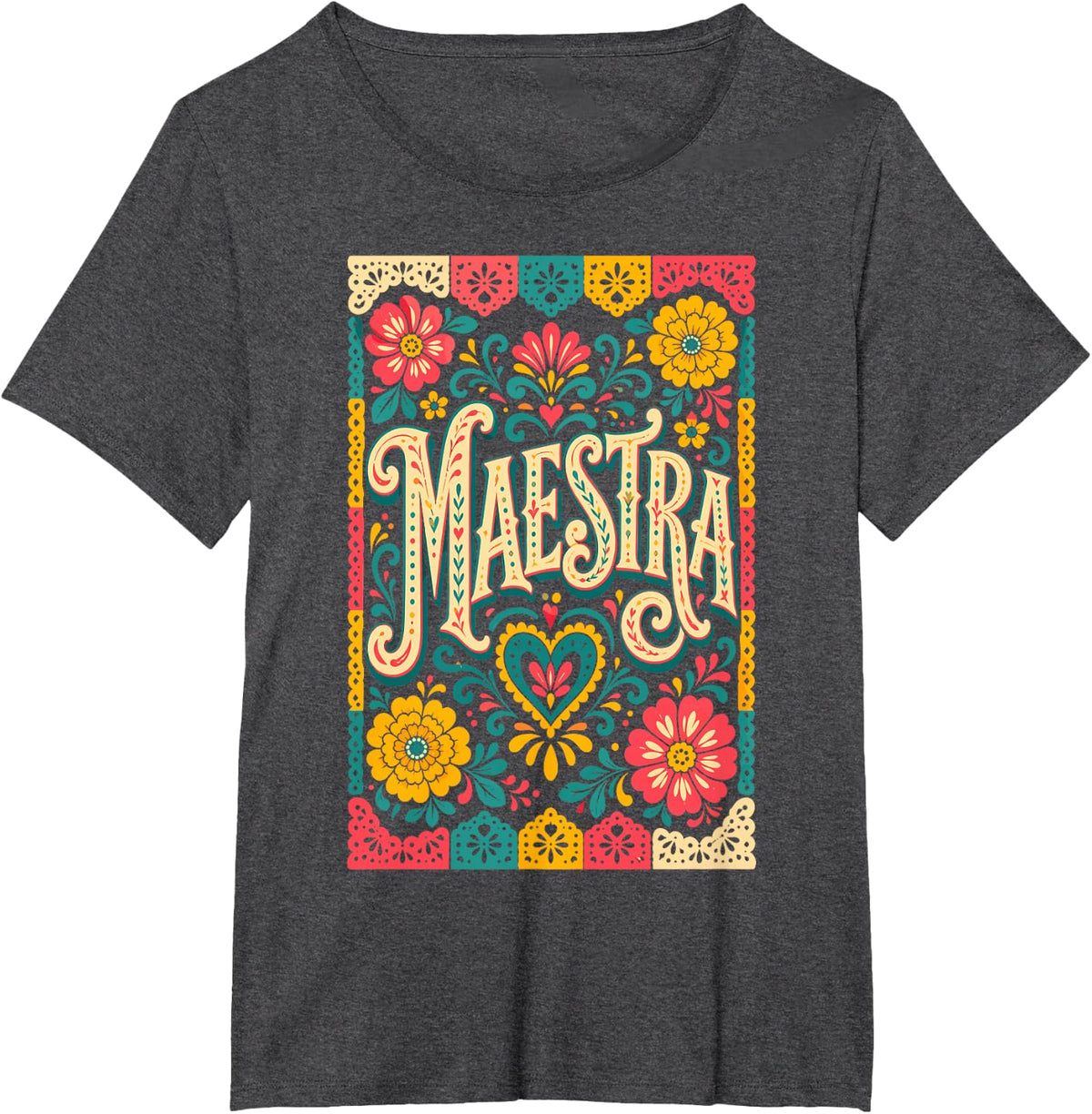 Maestra Spanish Teacher Bilingual Papel Picado Folk T-Shirt - Dark Heather Grey