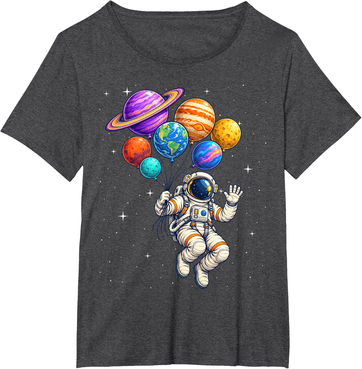 Waving Astronaut Floating with Solar System Planet Balloons T-Shirt - Dark Heather Grey