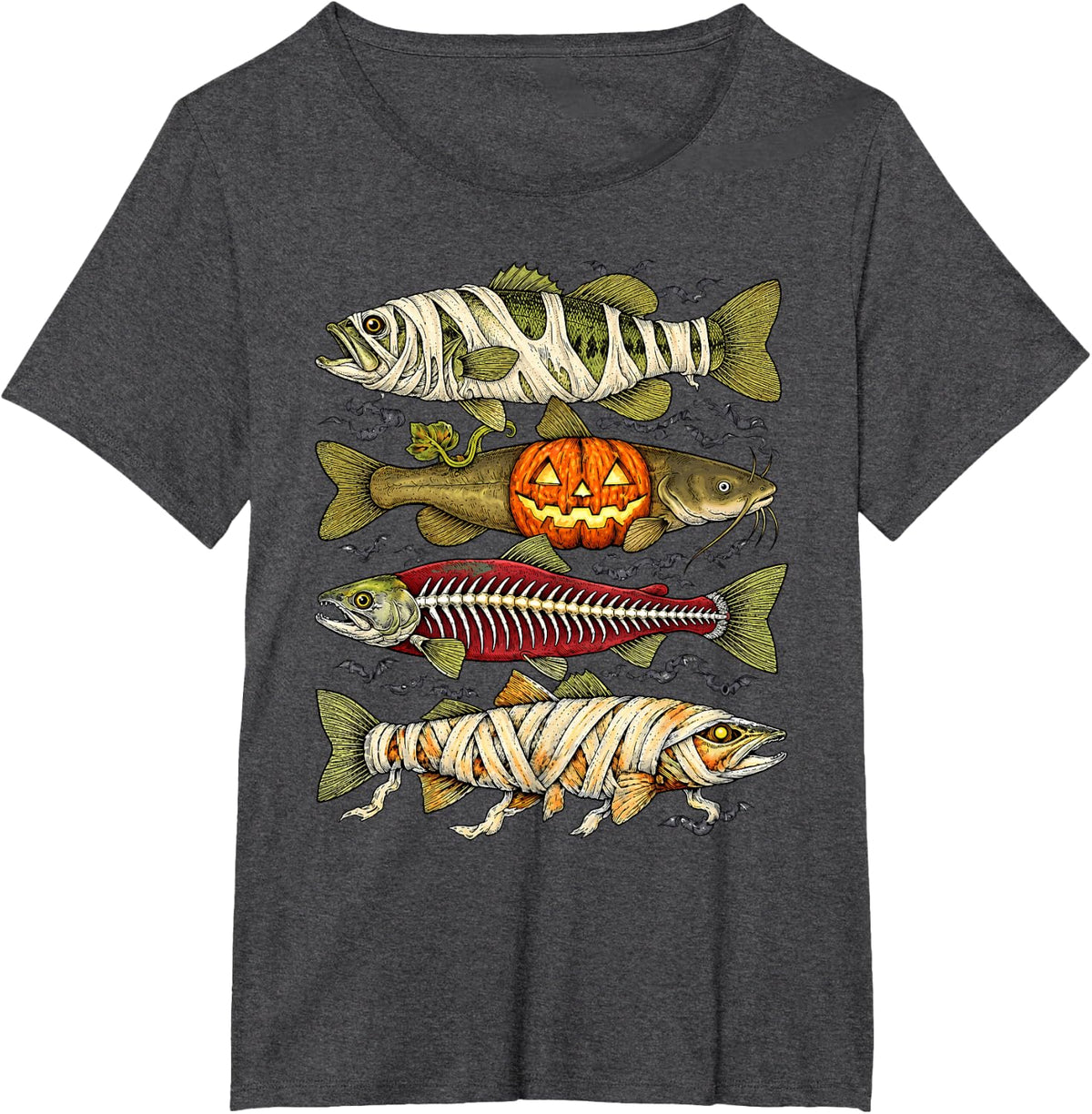 Halloween Trout Fish Spooky Ghost Pumpkin Skeleton Mummy T-Shirt - Dark Heather Grey