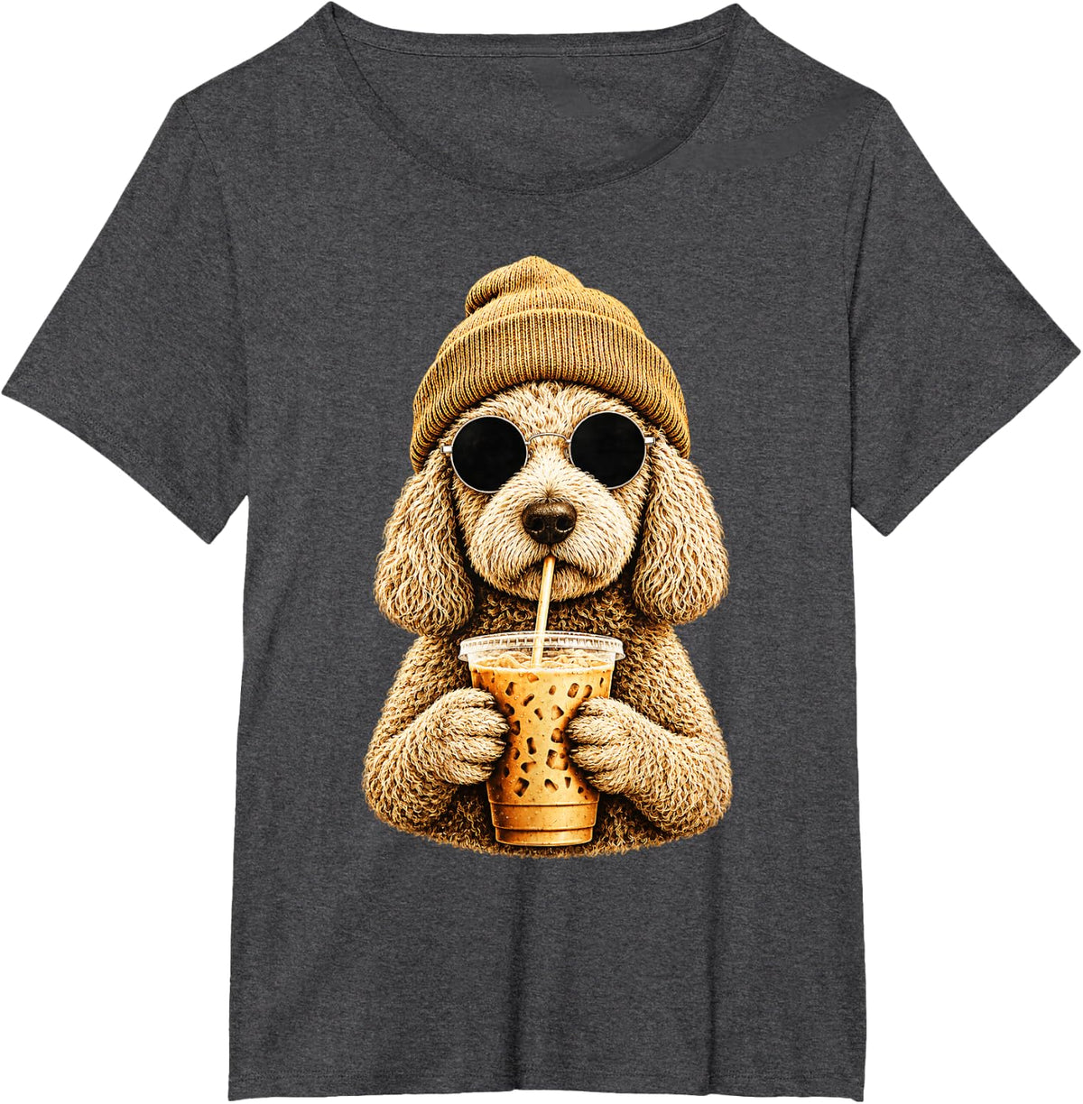 Goldendoodle Hipster Dog Drinking Coffee Sunglasses Beanie T-Shirt - Dark Heather Grey