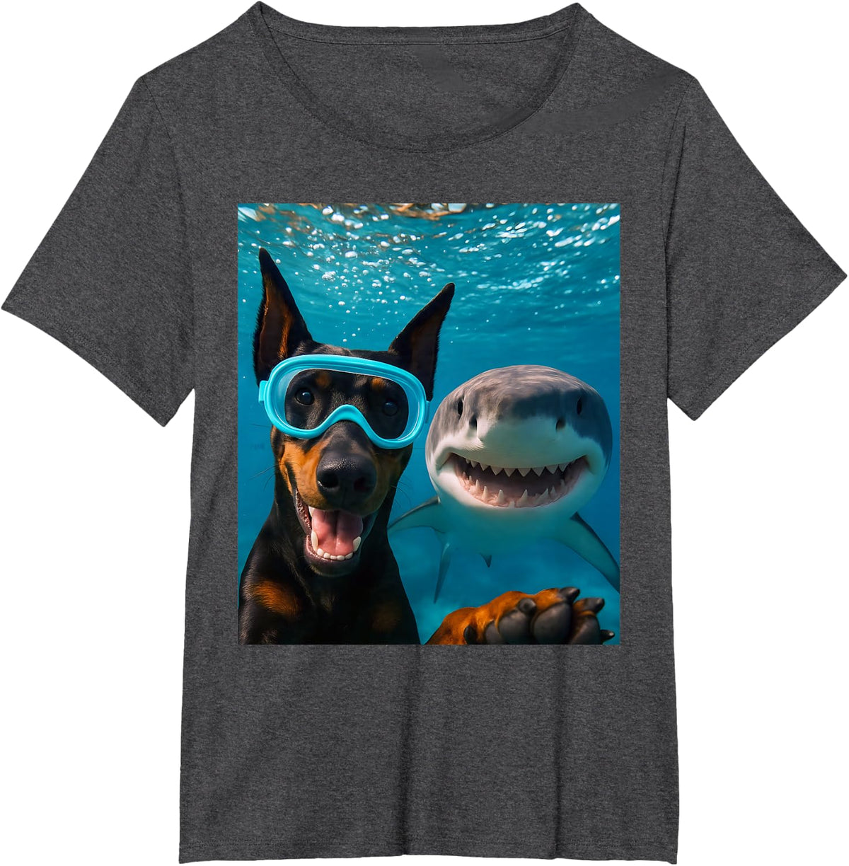 Funny Doberman Pinscher Dog Selfie with Shark Ocean Lovers T-Shirt - Dark Heather Grey