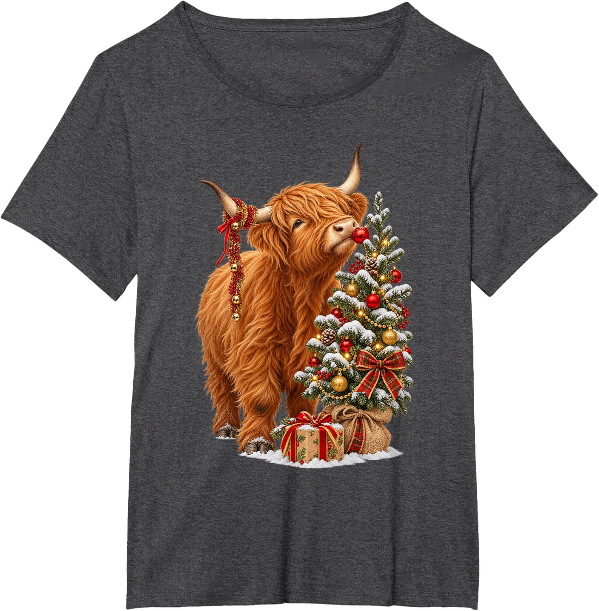 Highland Cow Christmas Tree Cute Scottish Cow Holiday T-Shirt - Dark Heather Grey