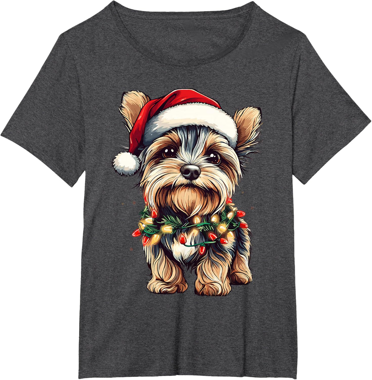 Yorkie Santa Christmas Tree Lights Xmas Yorkshire Terrier T-Shirt - Dark Heather Grey