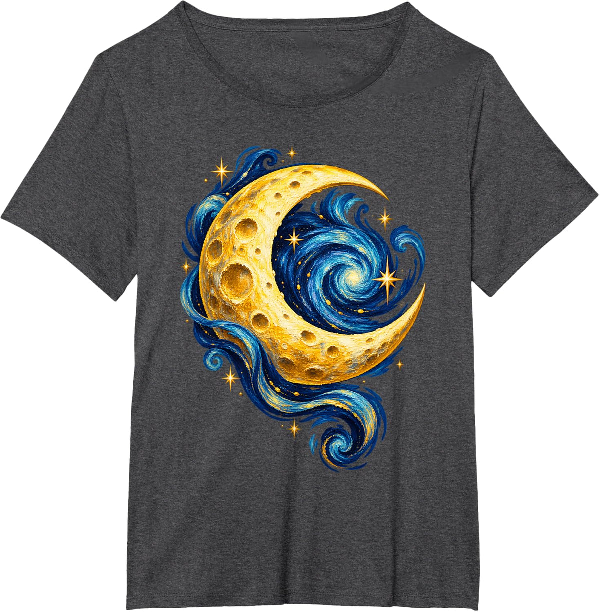 Crescent Moon Celestial Art Blue Starry Swirls T-Shirt - Dark Heather Grey
