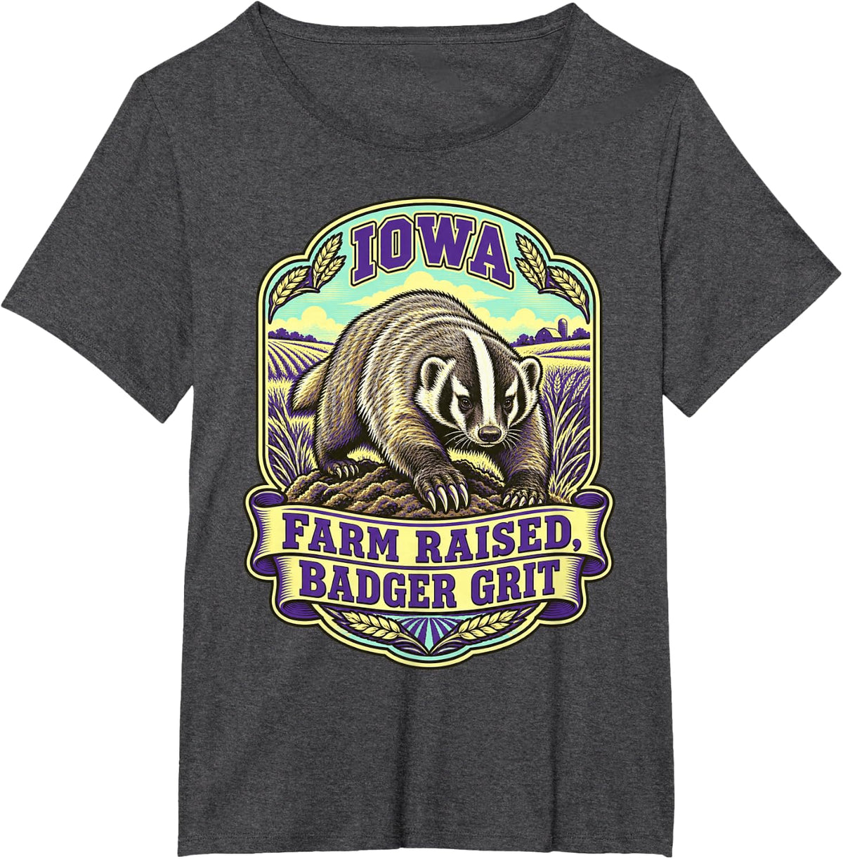 Iowa Farm Badger Feed Label Art T-Shirt - Dark Heather Grey