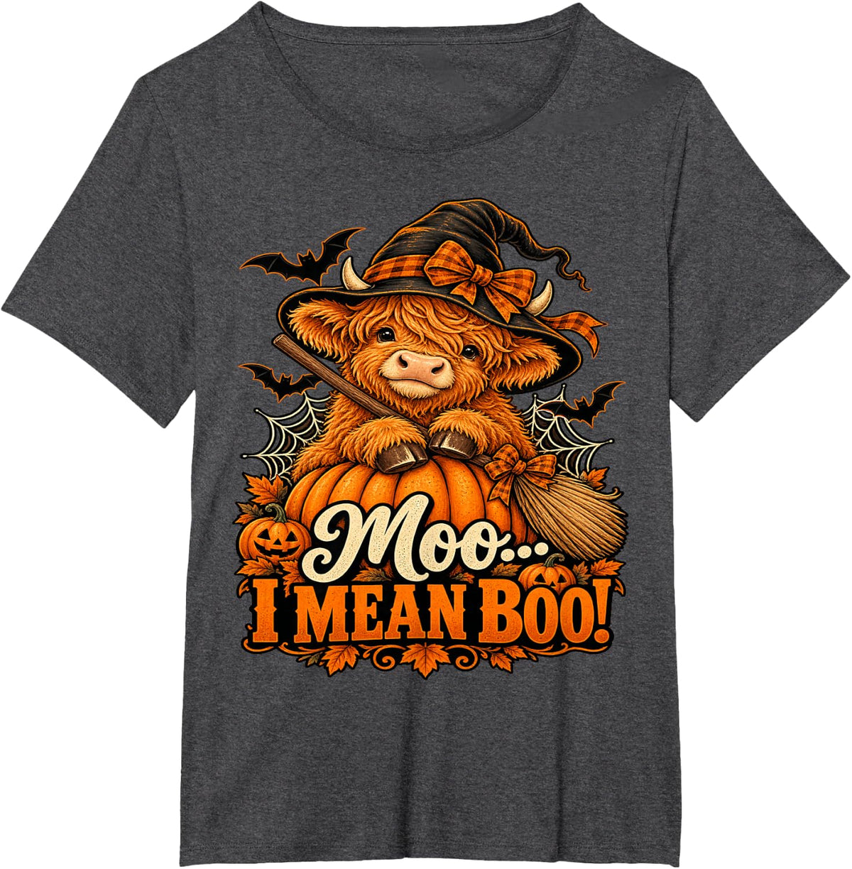 Halloween Highland Cow Witch Pumpkin - Moo... I Mean Boo! T-Shirt - Dark Heather Grey