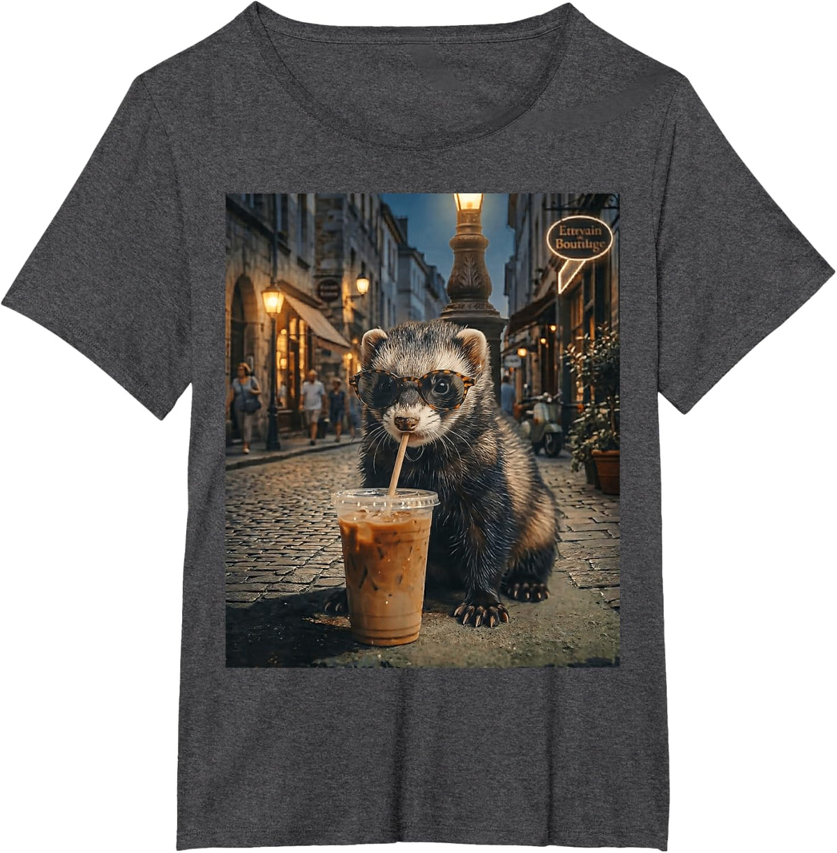 Cool Ferret Drinking Iced Coffee Funny Night Street Design T-Shirt - Dark Heather Grey