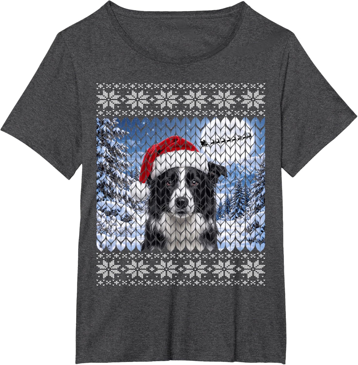 Black and White Border Collie Dog Ugly Christmas T-Shirt - Dark Heather Grey