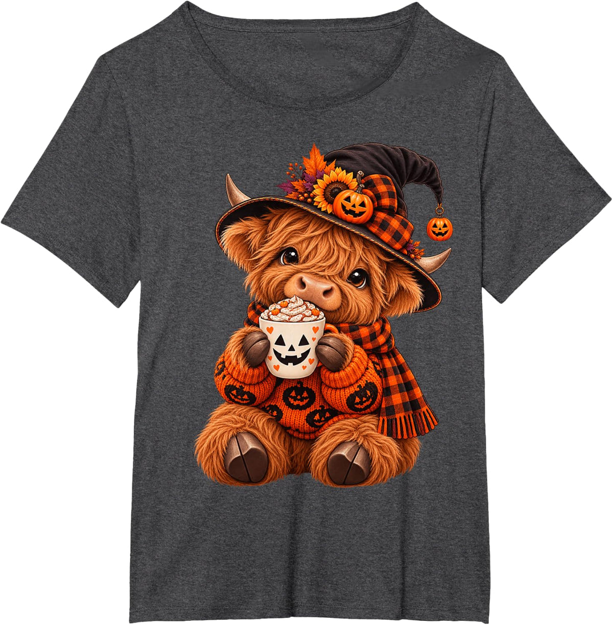 Cute Halloween Highland Cow Pumpkin Coffee Witch Hat Autumn T-Shirt - Dark Heather Grey