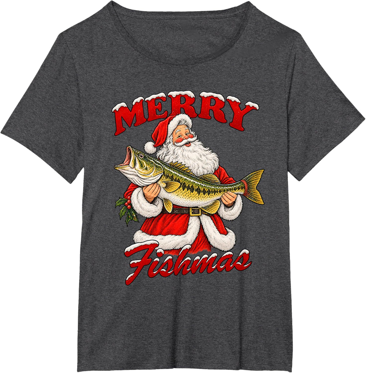 Funny Merry Fishmas Santa Claus Bass Fisherman Dad Holiday T-Shirt - Dark Heather Grey