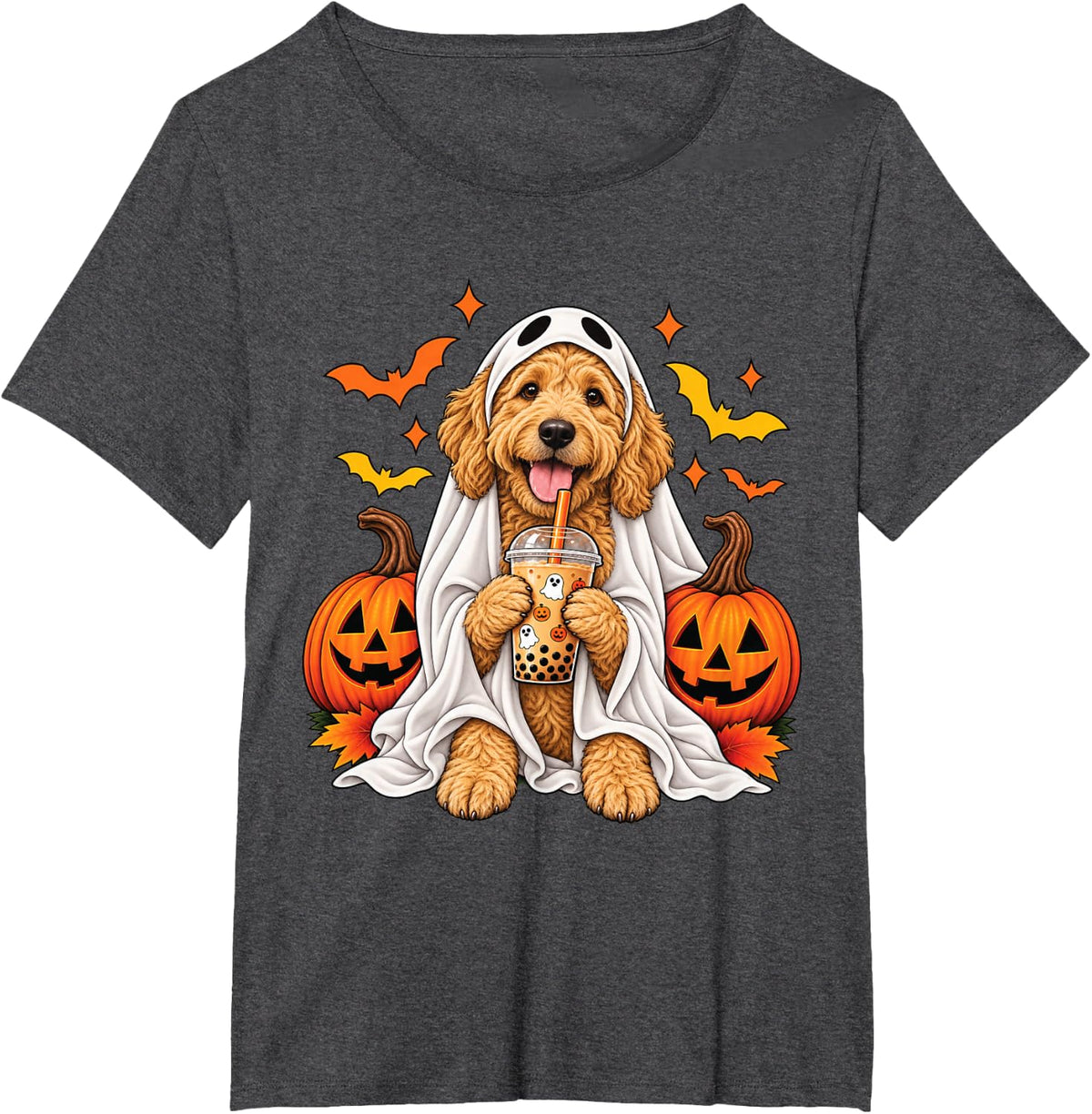 Goldendoodle Ghost Boo Boba Dog Halloween Pumpkin Bubble Tea T-Shirt - Dark Heather Grey