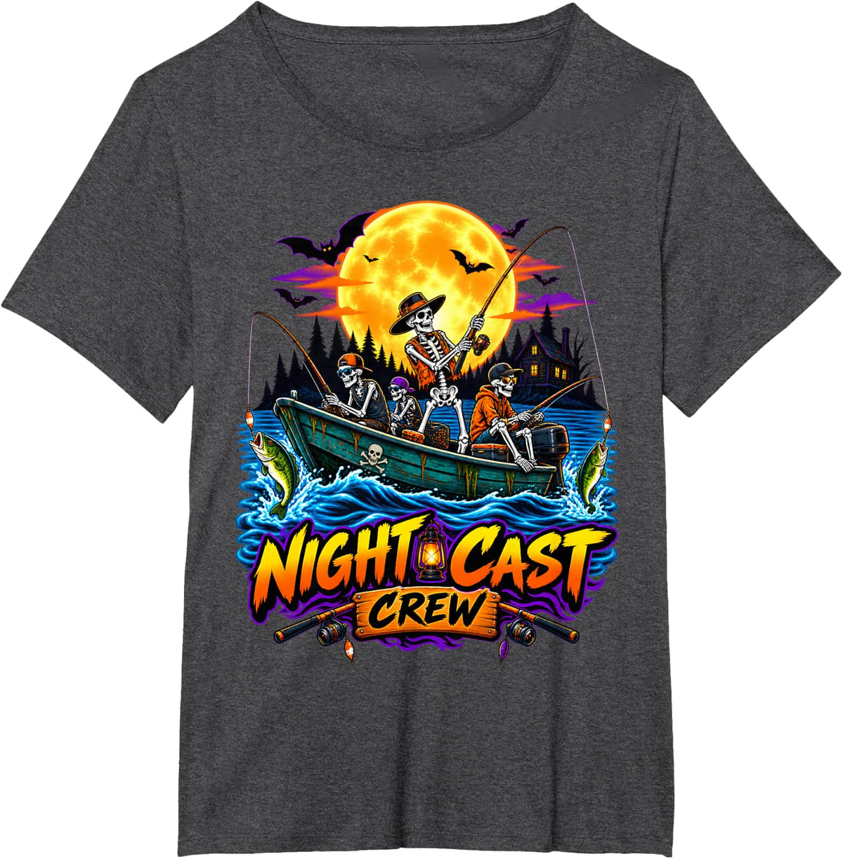 Night CAST Crew Halloween Bass Fishing Skeleton Boat Graphic T-Shirt - Dark Heather Grey
