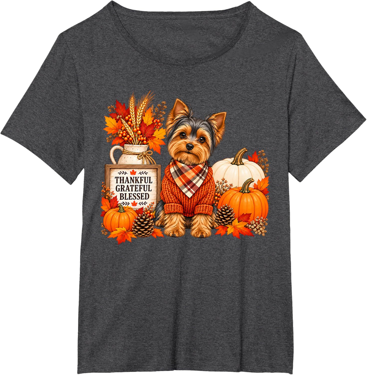 Thankful Grateful Blessed Yorkie Dog Yorkshire Terrier Fall T-Shirt - Dark Heather Grey