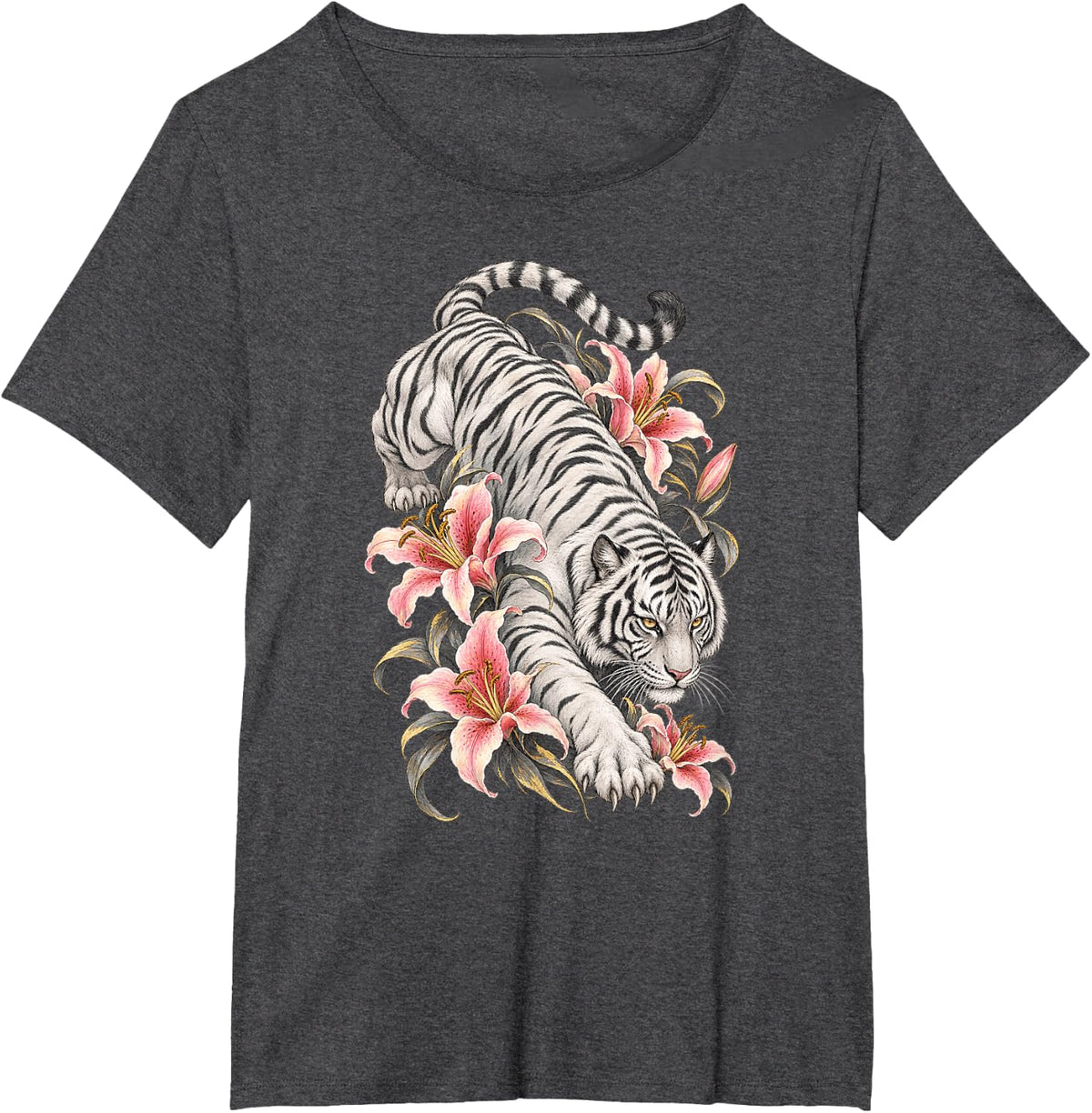 White Bengal Tiger with Pink Lilies Botanical Art T-Shirt - Dark Heather Grey