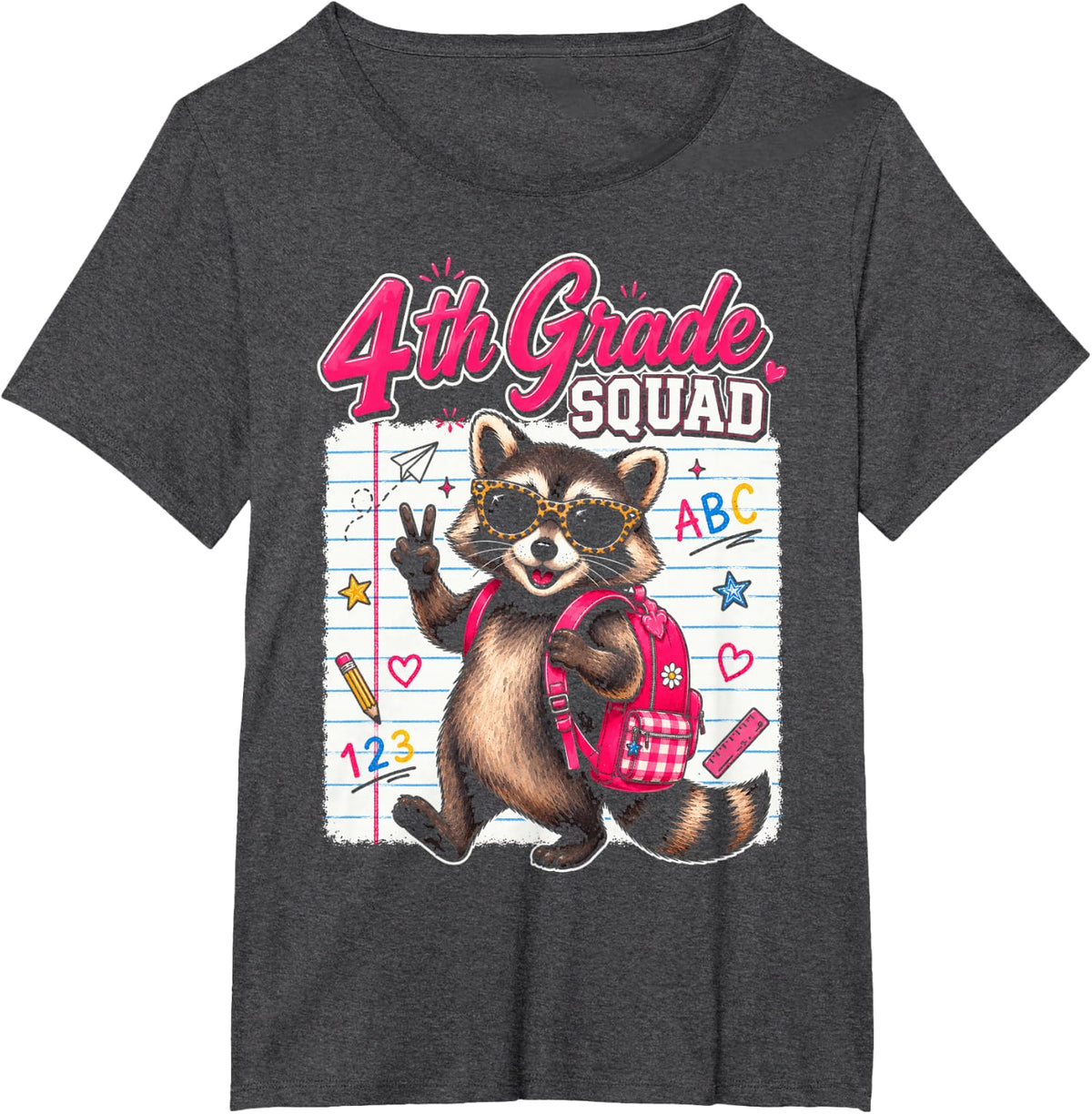 4th Grade Squad Cute Raccoon First Day of School Kids Girls T-Shirt - Dark Heather Grey