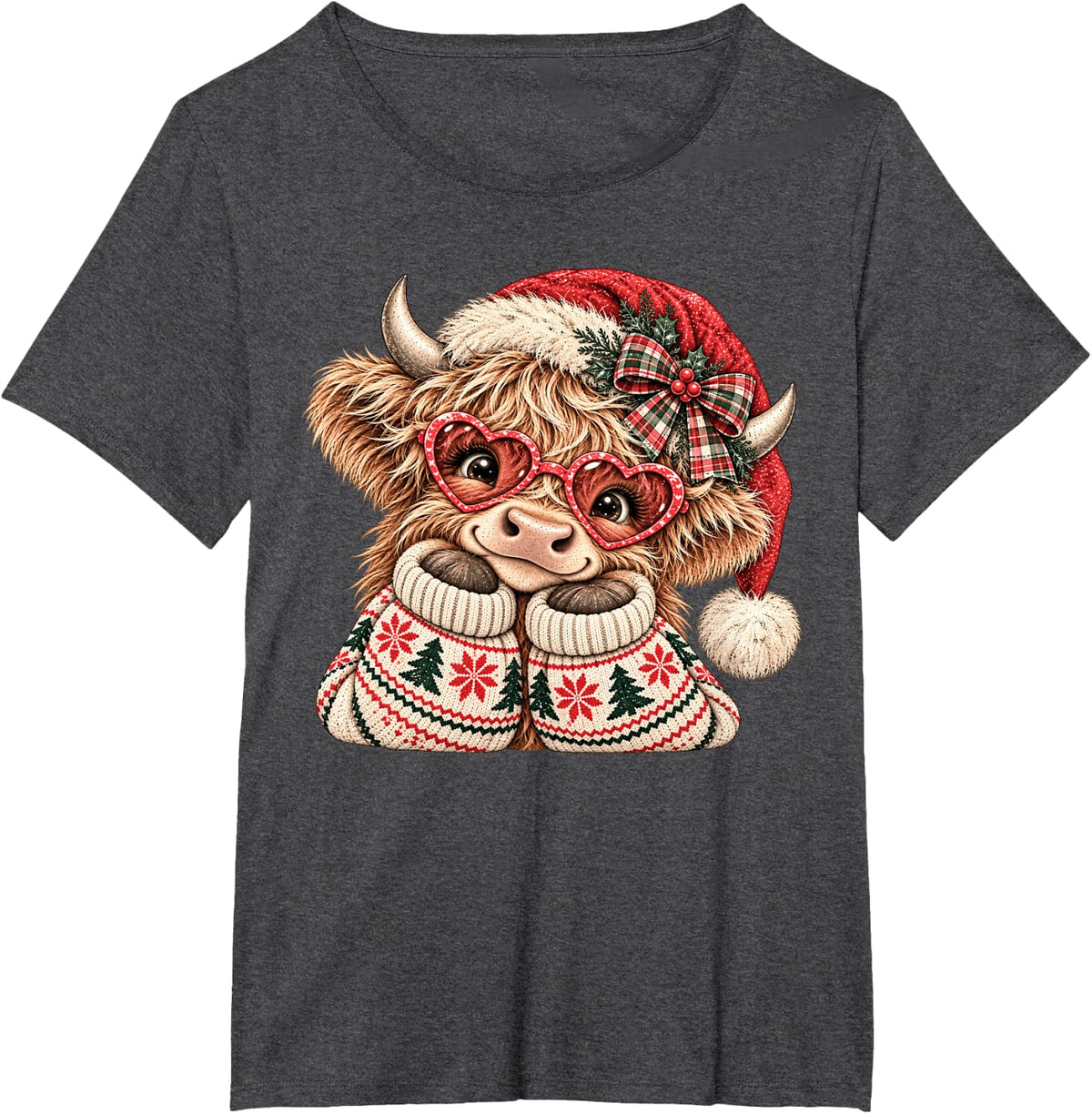 Retro Cute Christmas Highland Cow Santa Hat Xmas Girls Women T-Shirt - Dark Heather Grey