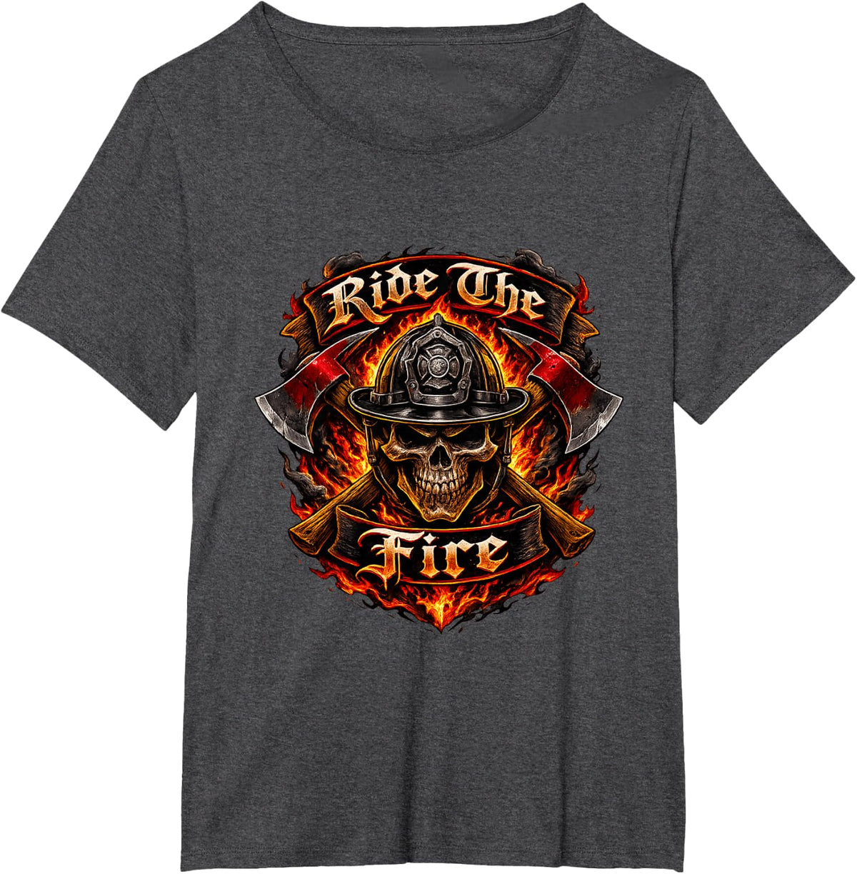 Biker Skull Ride The Fire Tee - Firefighter T-Shirt - Dark Heather Grey