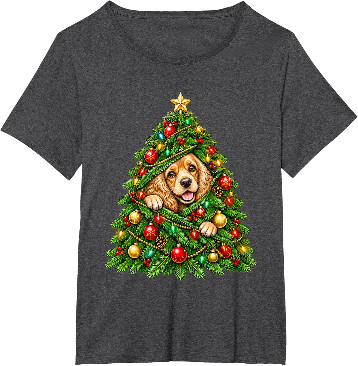 Cocker Spaniel Peeking with Christmas Tree Festive Lights T-Shirt - Dark Heather Grey
