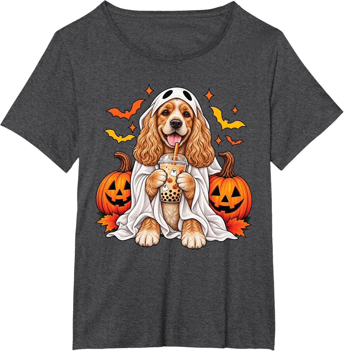 Cocker Spaniel Dog Ghost Boba Halloween Pumpkin Bubble Tea T-Shirt - Dark Heather Grey