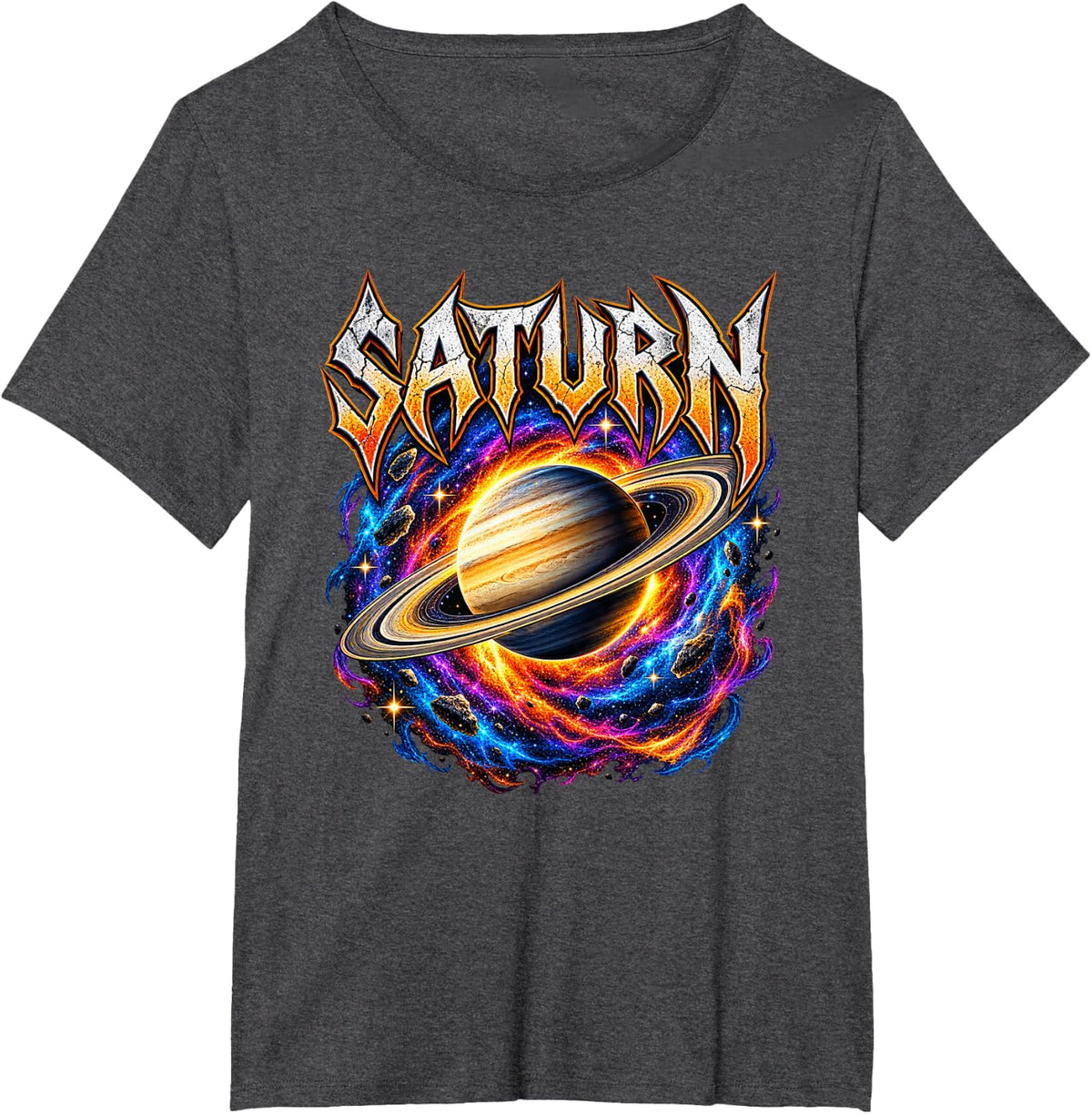 Saturn Planet Space Lover Cosmic Astronomy Retro Graphic T-Shirt - Dark Heather Grey