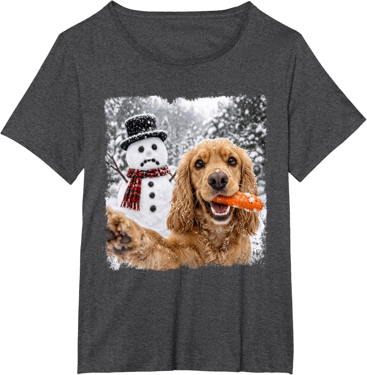 Funny Cocker Spaniel Selfie Stole Snowman Nose Carrot Xmas T-Shirt - Dark Heather Grey