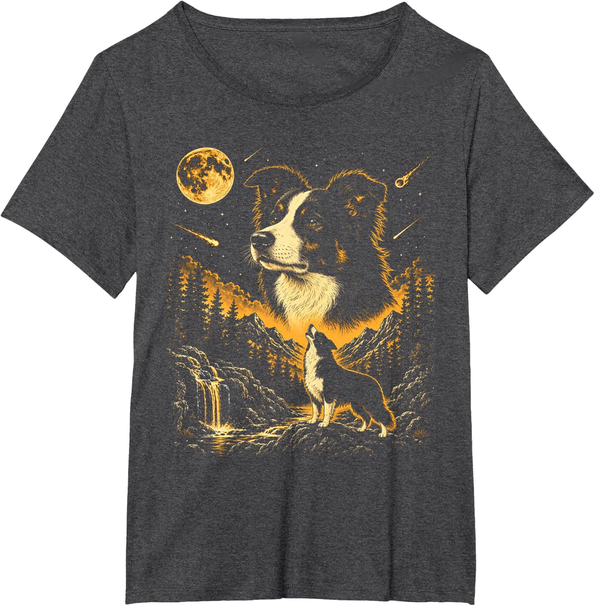Border Collie Howling to The Moon Vintage Forest Scene T-Shirt - Dark Heather Grey