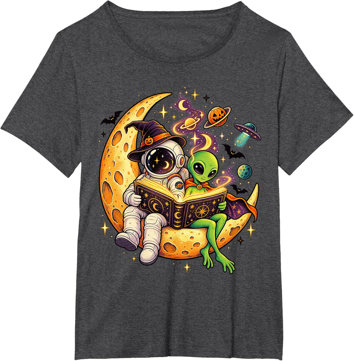 Halloween Astronaut Alien Reading On The Moon Astronomy T-Shirt - Dark Heather Grey