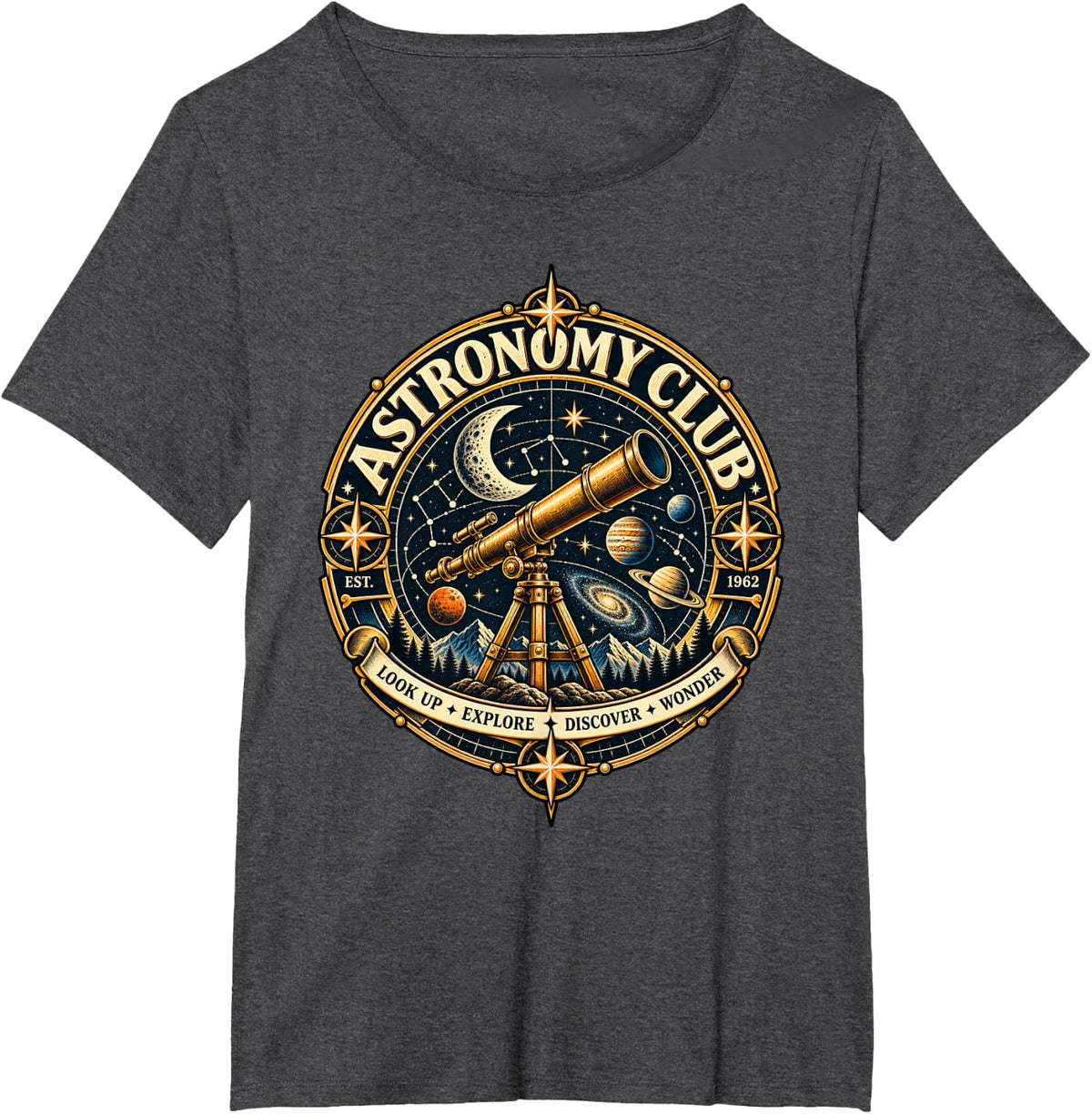Vintage Astronomy Club Space Telescope Emblem T-Shirt - Dark Heather Grey